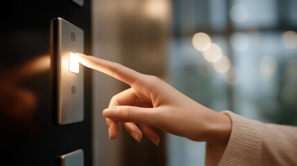 Detailed view of a finger pressing an elevator button with indicator light turning on, emphasizing usability, human interaction with technology, and reliable building systems. cinematic color