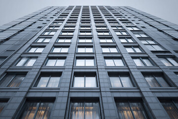 Modern glass building facade with repetitive rectangular windows reflecting soft light, creating sleek and calm urban architectural scene