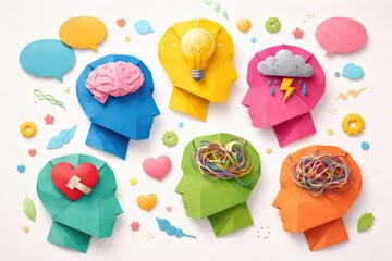 Origami heads crafted from colorful paper symbolizing different points of view in mental health talk