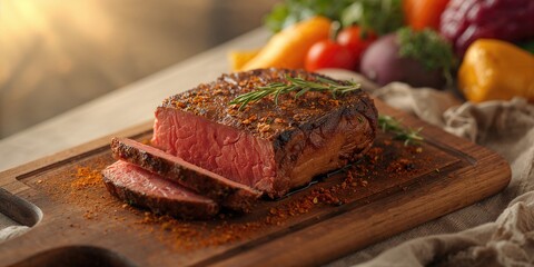 Sliced roast beef with spices placed on a wooden cutting board, highlighting preparation and presentation style