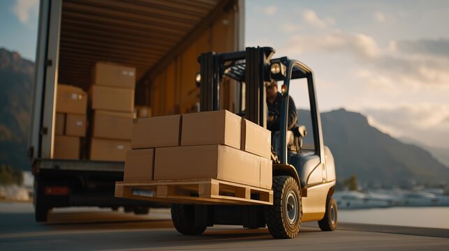 During dispatch preparation, a forklift assists by loading packaged boxes into a cargo truck, illustrating efficiency, precision, and warehouse productivity. cinematic color correction, natural