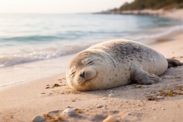 Fototapeta premium Serene seal napping on soft beach beside calm water