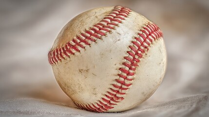 The Baseball Resting on Textured Fabric with Vintage Wear and Red Stitching Closeup