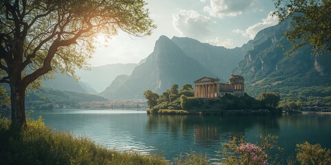 Historical structure surrounded by majestic mountains and tranquil lakes, highlighting architectural heritage and natural beauty, World Heritage Day