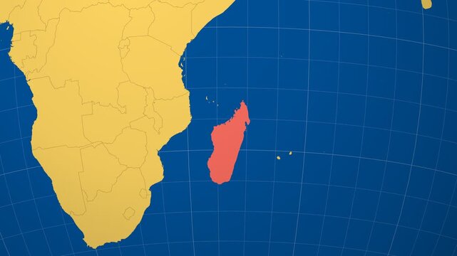 Madagascar on Globe. Animated zoom into the country in Ocean Blue Golden Yellow color palette. Madagascar logo animation. Map with meridians, parallels. Neat video.