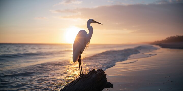 Snowy Egret wading in ocean water at Malibu Beach in August, highlighting coastal bird activity - Powered by Adobe