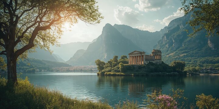 Historical structure surrounded by majestic mountains and tranquil lakes, highlighting architectural heritage and natural beauty, World Heritage Day
