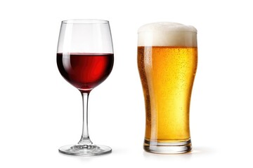 White studio background with glasses filled with red wine and lager beer
