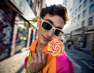 Młody mężczyzna z lizakiem w ręku, okularach przeciwsłonecznych w stylu retro i kolorowej kurtce pozuje do zdjęcia na tle rozmytego miejskiego tła