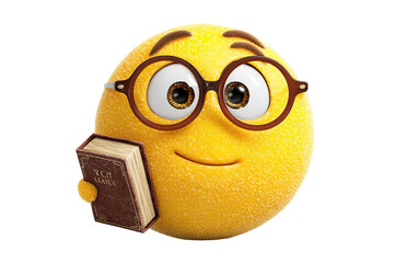 Cute nerd face emoji character with glasses and small book conveying education, reading, and thoughtful expression isolated on transparent background PNG