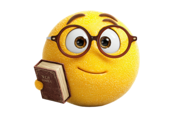 Cute nerd face emoji character with glasses and small book conveying education, reading, and thoughtful expression isolated on transparent background PNG