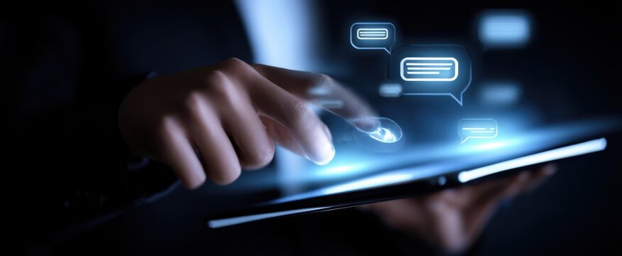 The tablet with glowing chat icons illustrating modern mobile messaging and digital communication - Powered by Adobe