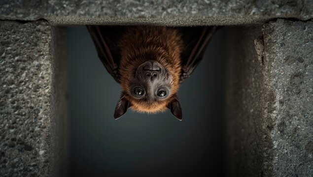 Short-nosed fruit bat clinging to concrete surface, illustrating wildlife adaptation, World Bat Day