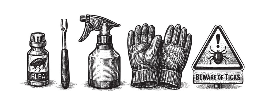 A still life illustration in a vintage woodcut style depicts flea treatment, a tick removal tool, spray bottle, gloves, and a beware of ticks sign, symbolizing pest control.