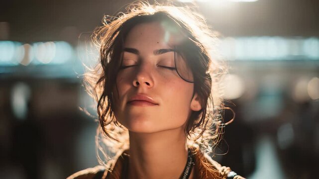 A tranquil young woman stands with her eyes closed, basking in warm sunlight that gently illuminates her face. The serene indoor setting enhances the peaceful and mindful ambiance