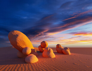 Pustynny krajobraz z formami skalnymi. 