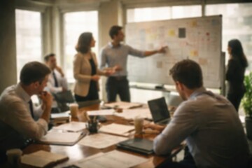 Unclear nostalgic photo of individuals planning inside a corporate meeting space