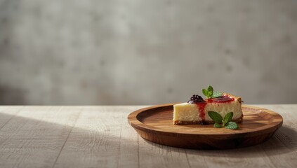 Homemade cheesecake displayed on a clean white plate, focusing on dessert preparation and presentation