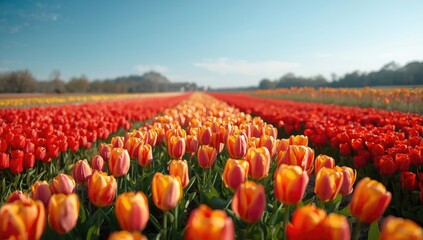 Springtime tulip fields in bloom captured vertically near Lisse, highlighting seasonal floral display and natural landscape
