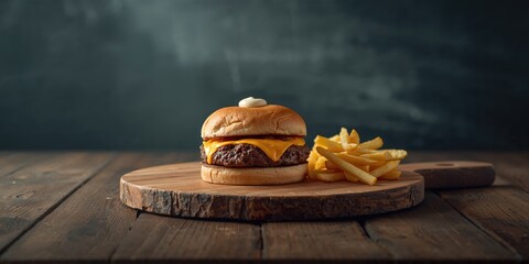 Beef burger with crispy fries placed on rustic wooden surface, highlighting fast food presentation, no branding visible