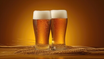Pair of light beer glasses with barley spikelets on a dark yellow backdrop, illustrating raw materials in brewing