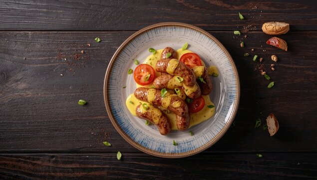 Grilled sausages topped with cheese, tomato, and green onions presented on a ceramic dish, highlighting hearty meal appeal, food presentation for advertising