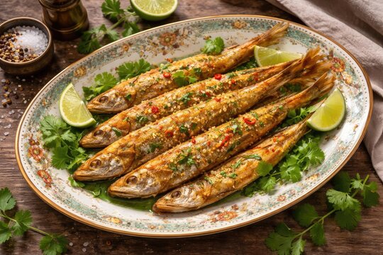 Exquisite Bombay Duck artfully laid on vintage style plate with lime and herb decoration