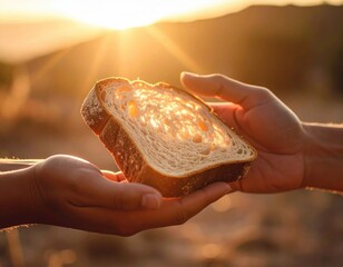 Two Hands Sharing A Slice Of Bread In The Warm Golden Sunlight Of A Setting Sun Outdoors With A Soft Focus Background