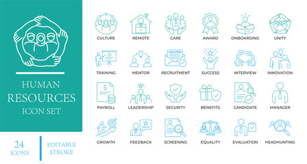 Human Resources Line Icons. Featuring recruitment, employee benefits, remote work, and corporate management symbols. Editable vector for HR apps and business marketing materials