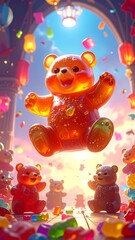 Obraz premium A joyful bear-shaped candy soars amidst a festive scene with vibrant colors and floating paper lanterns. Other candies scatter below