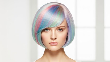 Fashion Model With Pastel Multi Colored Bob Haircut Soft Natural Lighting In Studio