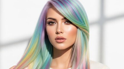 Fashion Model With Multi Colored Hair And Natural Makeup Styled In A Studio With White Background