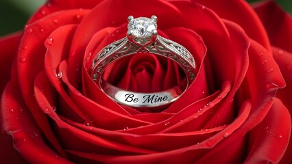Elegant diamond engagement ring featuring an engraved sentiment resting gently within the lush deep red petals of a fresh velvety rose