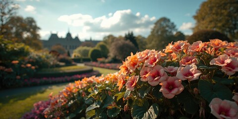 Tuberous begonias, vibrant blooms in a cultivated flower bed ornamental gardening