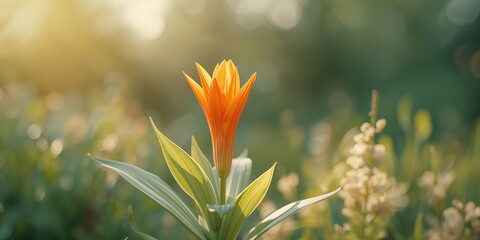 Fototapeta premium Bright orange bloom paired with fresh light green foliage, ideal for botanical layouts