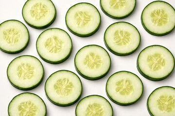 Thinly cut cucumber rounds displayed on a neutral plain backdrop