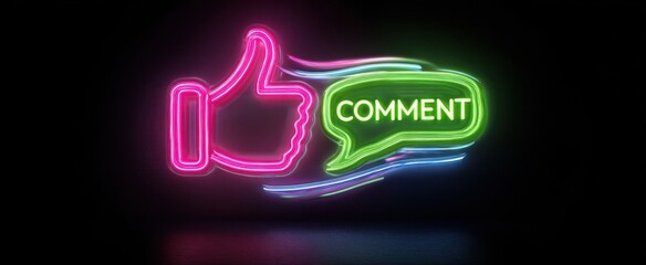 The Thumbs-Up Neon Sign and Comment Bubble Representing Social Media Engagement and Feedback