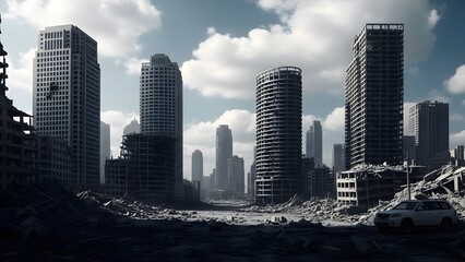 Obraz premium Abandoned cityscape with tall buildings and debris in a post-apocalyptic setting under a cloudy sky skyscrapers