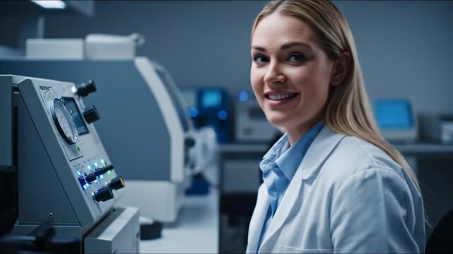 Female scientist adjusting laboratory equipment and smiling at the camera. Young woman in a white coat operating a machine in a modern research facility. AI generated