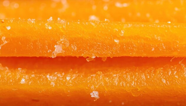 Close Up Macro View Of Two Bright Orange Carrots With Visible Salt Crystals And Textured Surface Illuminated By Soft Natural Light Against A Blurred Background