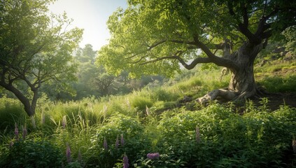 Fototapeta premium Colorful greenery of diverse plants and trees in a thriving landscape, suitable for environmental or landscape planning