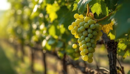Naklejka premium Vineyard scene with green grapes on the vine in summer, highlighting plant growth and natural environment
