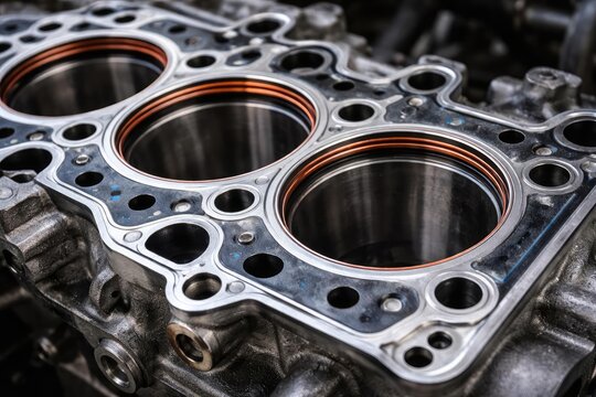 Detailed view of engine head gasket enabling combustion chamber sealing to maintain optimal engine pressure