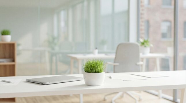 Bright modern minimalist home office workspace with laptop and small potted plants on white desk - Powered by Adobe