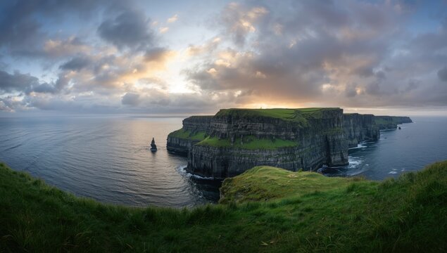 Cliffs of Moher at sunset, natural erosion processes in coastal landscapes