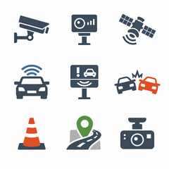 Traffic surveillance icons: camera, radar, satellite, collision, cone, gps