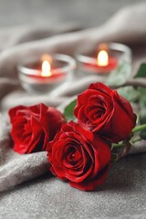 Fototapeta premium Red roses laid on gray fabric with two glowing tealight candles in glass holders behind them. Concept Red Roses on Gray Fabric, Candlelit Tealight Setup, Soft Warm Lighting