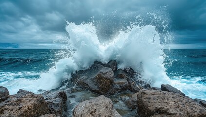Sea surf hitting rugged rocks, illustrating coastal wave energy
