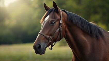 Fototapeta premium Brown horse's head with halter in detailed focus, highlighting equine health and handling, International Horse Day
