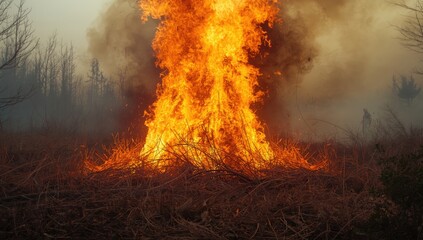 Vivid flames engulfing dry grass in a forest fire, illustrating the danger of uncontrolled wildfires
